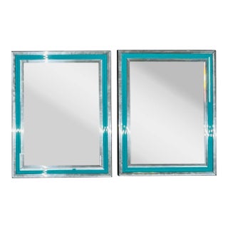 Pair of Art Deco Wall, Mantle or Console Mirrors With Turquoise Beveled Frames For Sale