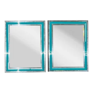 Pair of Art Deco Wall, Mantle or Console Mirrors With Turquoise Beveled Frames