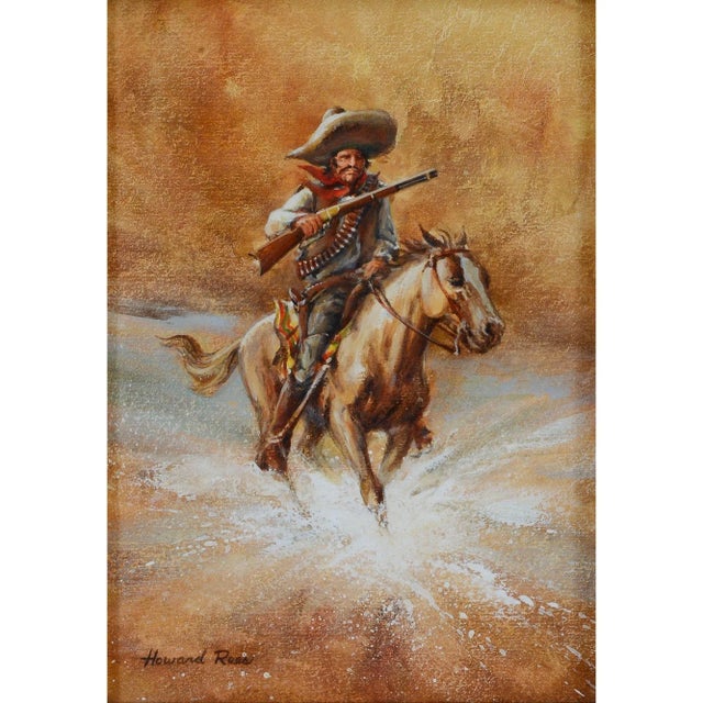 Framed American oil painting "Leaving No Tracks" by Howard Rees. This oil painting by Howard Rees shows a man on horseback...