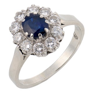 Vintage Sapphire Diamond 14k White Gold Cluster Ring, Size 7.5 For Sale