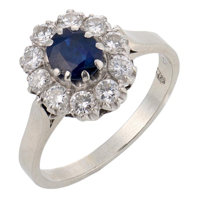 Vintage Sapphire Diamond 14k White Gold Cluster Ring, Size 7.5 For Sale
