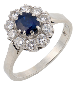 Vintage Sapphire Diamond 14k White Gold Cluster Ring, Size 7.5