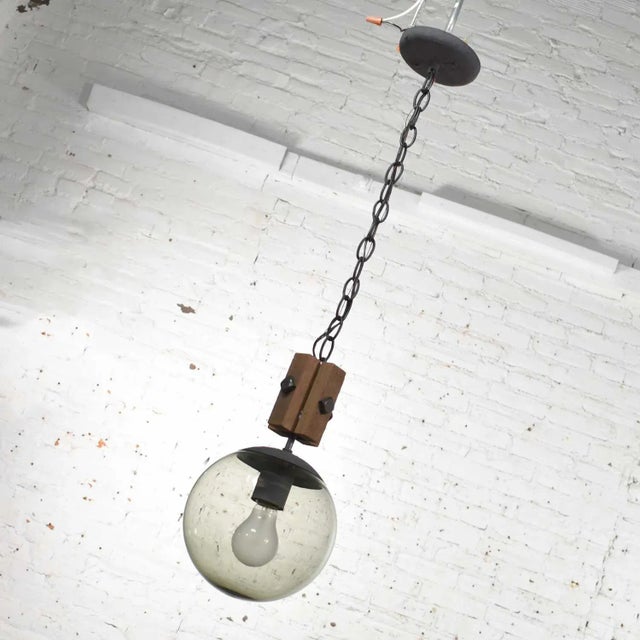 Mid Century Modern Brutalist Pendant Light Wood & Smoked Glass Globe Black Chain N O S For Sale - Image 6 of 13
