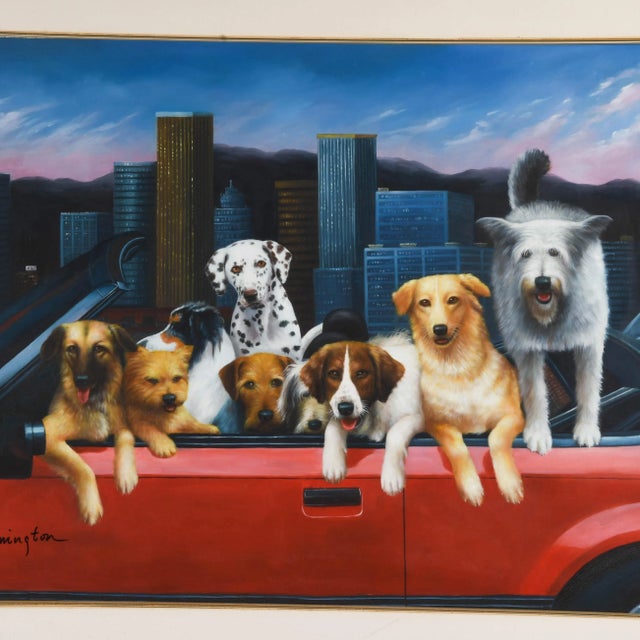 This Framed Signed Remington "Canine Convertible Cruise" Oil Painting features a cheerful assembly of nine dogs excitedly...