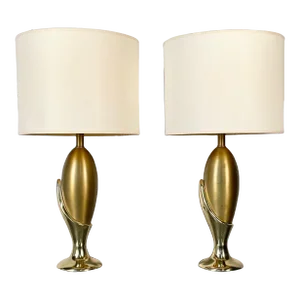Pair of French Mid-Century Modern Sculptural Bronze Table / Desk Lamps
