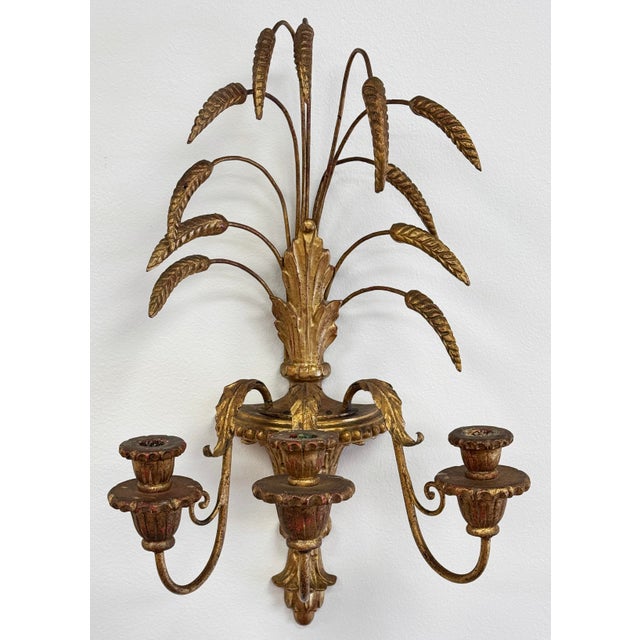 Hollywood Regency Vintage Italian Gilt Wood Tole Sheaf of Wheat Candle Sconces, a Pair For Sale - Image 3 of 9