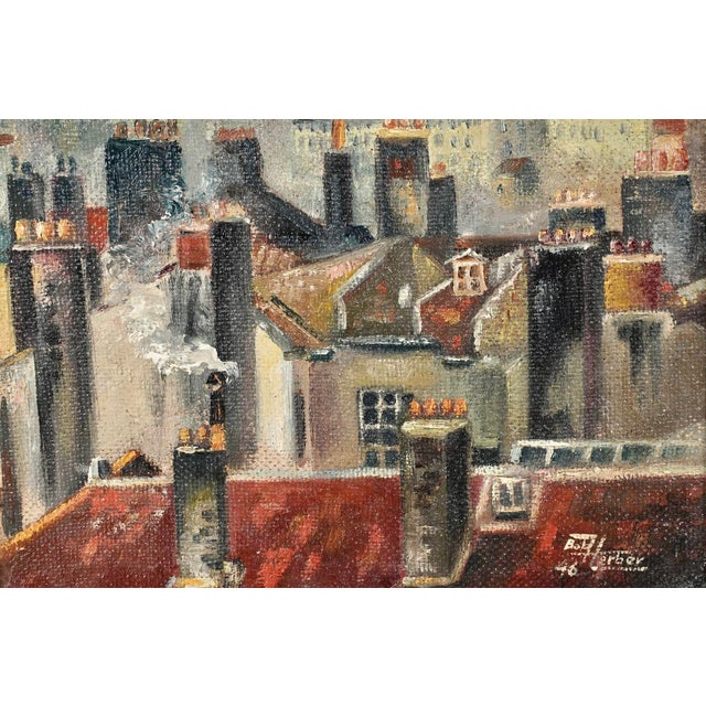 San Francisco Cityscape Emerging From Fog, Bob Herber 1946 Signed Oil Painting, Original Whistler-Style Gilt Frame, Mid-Century For Sale In Los Angeles - Image 6 of 6