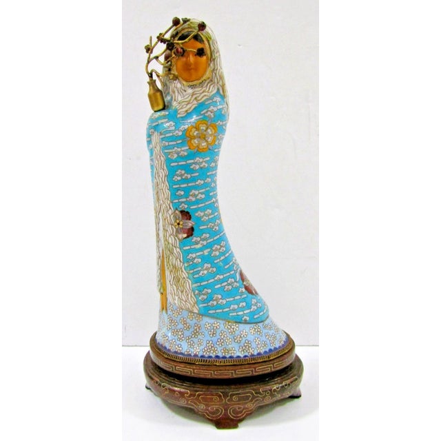Antique Asian Blue Cloisonne Figurine Holding Brass Vase With Lotus Wood Base For Sale - Image 10 of 16