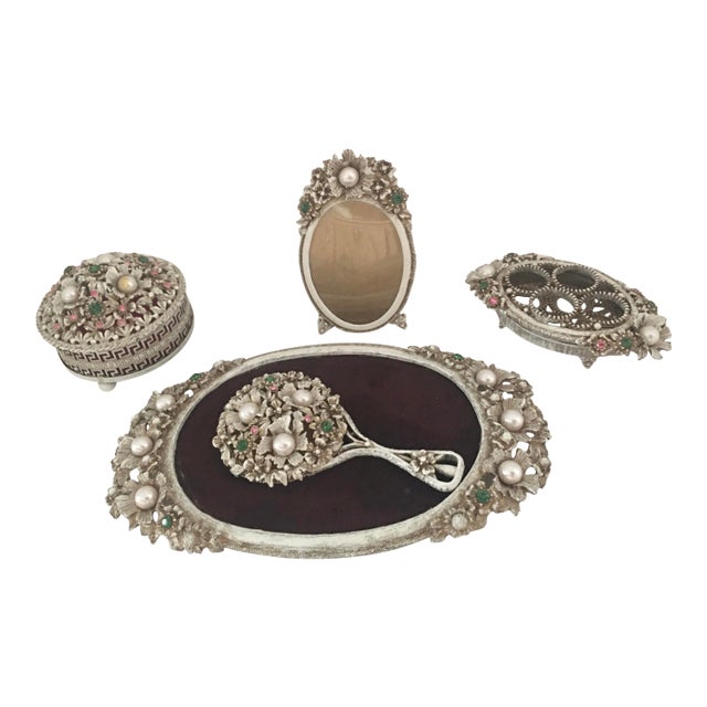 1960s Hollywood Regency Jeweled 5 Piece Vanity Set For Sale