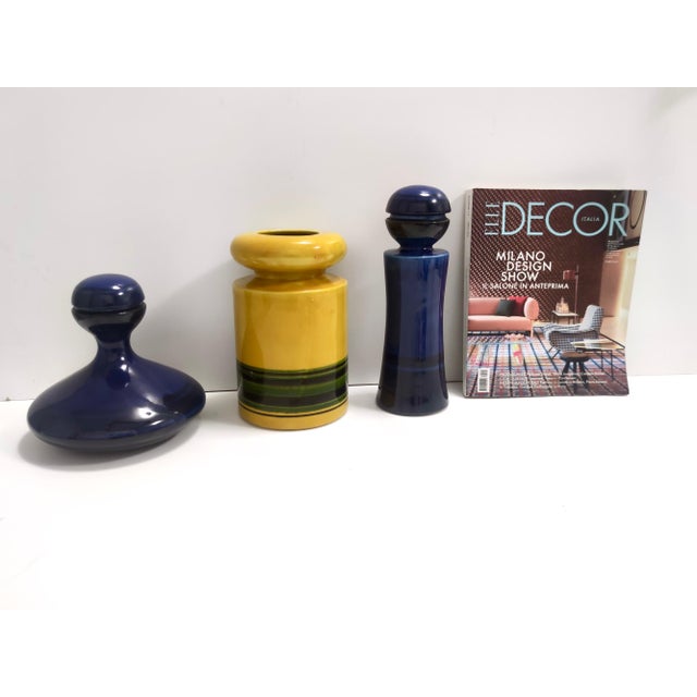 Postmodern Postmodern Blue and Yellow Glazed Vase and Bottles attributed to Parravicini, 1970s, Set of 3 For Sale - Image 3 of 15