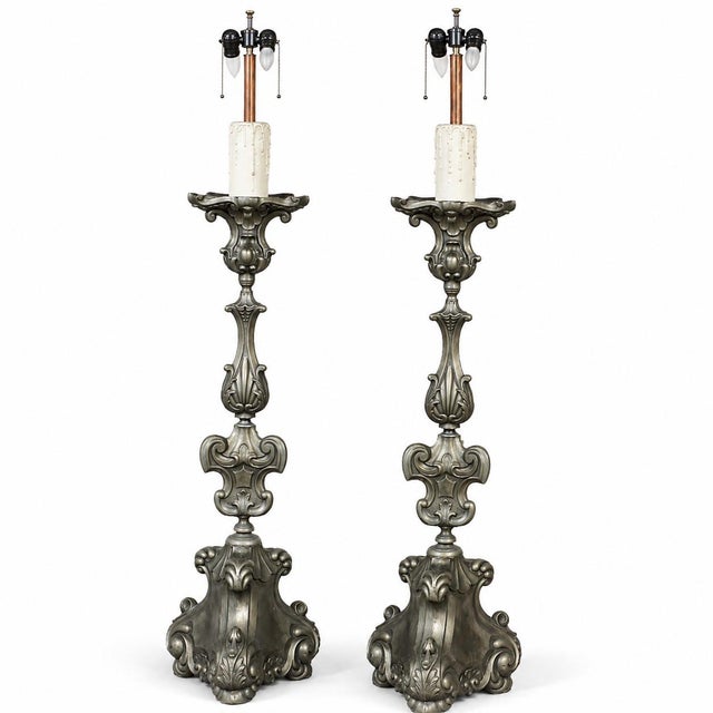 Pair Antique Solid Pewter Baroque Style Candlestick Floor Lamps For Sale - Image 4 of 12