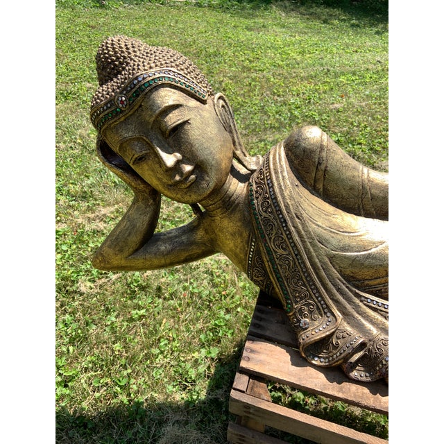 Religious Vintage XLarge Gold Gilt Hand Carved Reclining Buddha Statue For Sale - Image 3 of 11
