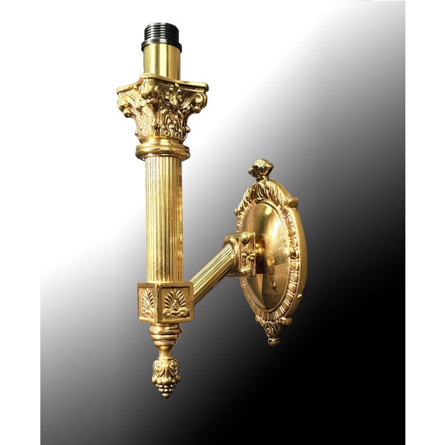 Mid 20th Century Ornate Brass Neoclassic Wall Sconce Lamps - a Pair For Sale In Los Angeles - Image 6 of 9