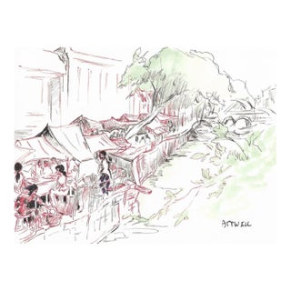 Ivy Attwell Singapore Ink & Watercolor Drawing For Sale