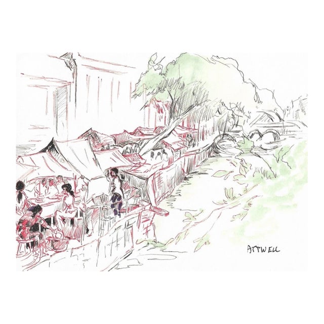 Ivy Attwell Singapore Ink & Watercolor Drawing For Sale