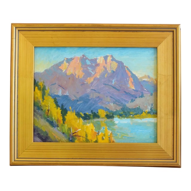 Impressionist Mountain and Lake Landscape by Listed Artist Silvio Silvestri Oil Painting Including the Antiqued Gold Wood Frame For Sale