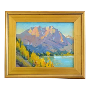 Impressionist Mountain and Lake Landscape by Listed Artist Silvio Silvestri Oil Painting Including the Antiqued Gold Wood Frame