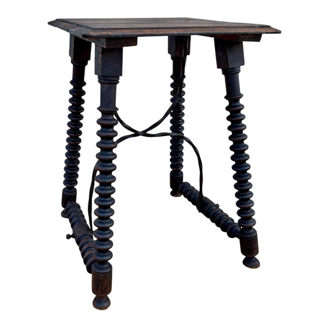 Spanish Side Table with Turned Legs and Iron Stretcher, 1920s For Sale - Image 11 of 11