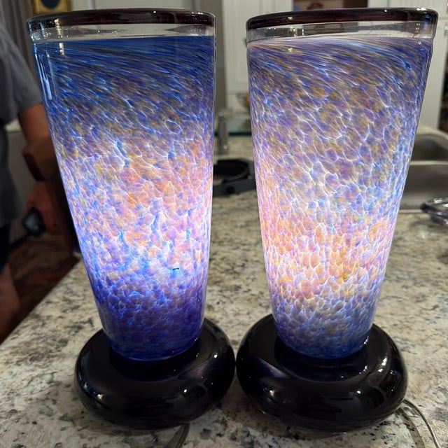 Early 21st Century Gallery Quality Pair of Signed Art and Numbered Murano Style Glass Lamps, Cobalt Blue With Iridescent Pattern For Sale - Image 5 of 12