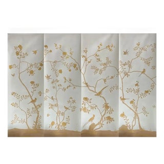 Custom Hand-Painted Mural | Gold Floral Bird Chinoiserie Wallpaper | Luxury Handcrafted Wall Covering For Sale
