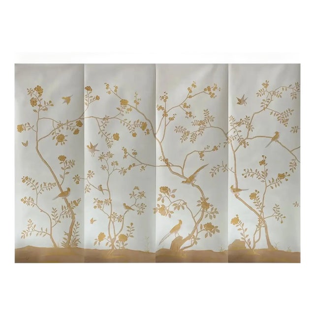 Custom Hand-Painted Mural | Gold Floral Bird Chinoiserie Wallpaper | Luxury Handcrafted Wall Covering For Sale