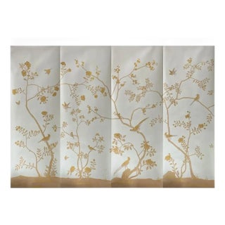 Hand-Painted Silk Chinoiserie Floral Bird Mural Panels | Gold Luxury Wall Art Set of 4 For Sale