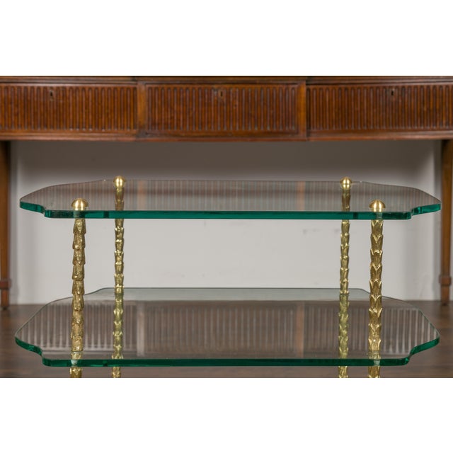 Brass Mid 20th Century Brass Three-Tiered Table with Glass Shelves and Foliage Motifs For Sale - Image 8 of 12
