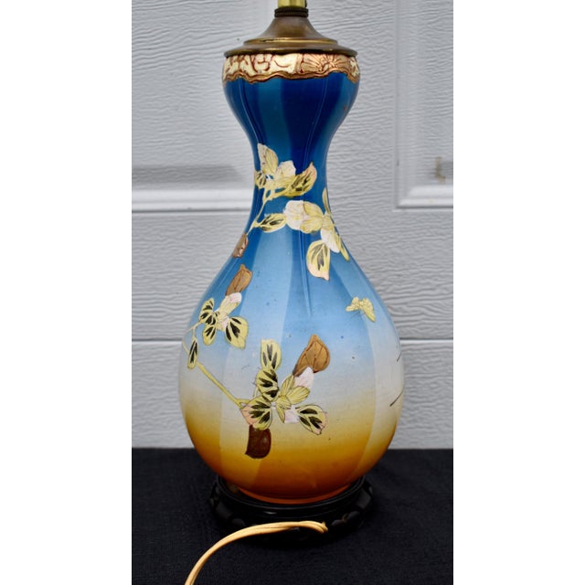 Antique Japanese Satsuma Vase Lamp Meiji Painted Porcelain Gold Bird Flower For Sale - Image 11 of 17