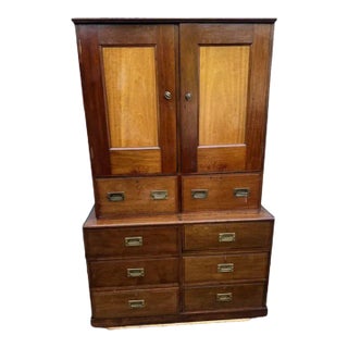 Traditional Campaign Style Two Part Solid Mahogany Cabinet. 1930s. For Sale