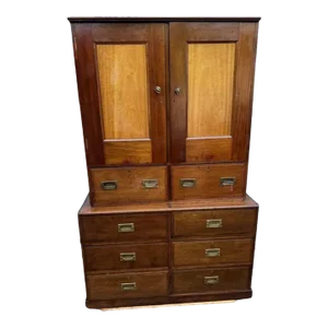 Traditional Campaign Style Two Part Solid Mahogany Cabinet. 1930s.