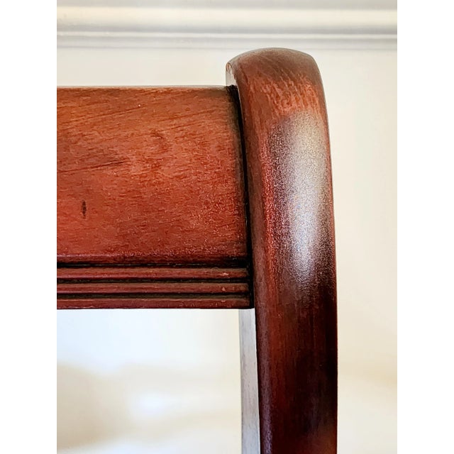 Duncan Phyfe Antique Pair of Scroll Elbow Chairs in the Style of Duncan Phyfe Mahogany Damask Set of 2 For Sale - Image 4 of 16