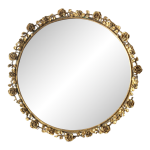 Gold Finish Vintage French Style Roses Filigree Round Vanity Mirror Tray With Turntable