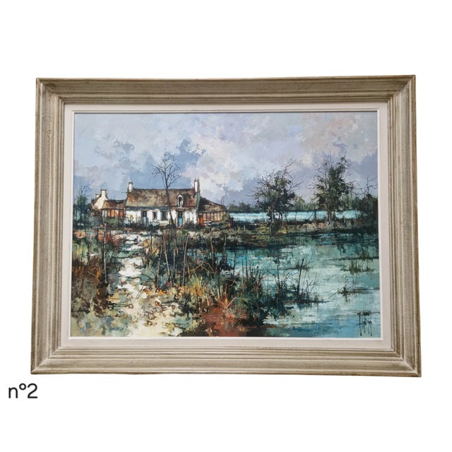 Oil on canvas by Maurice Le Cunff (French, 20th century) depicting a rural landscape with a house beside a reflective body...