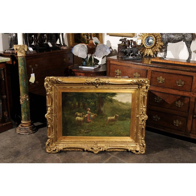 Large Antique Oil Painting of Sheep and Shepherdess in Antique Giltwood Frame For Sale - Image 4 of 10