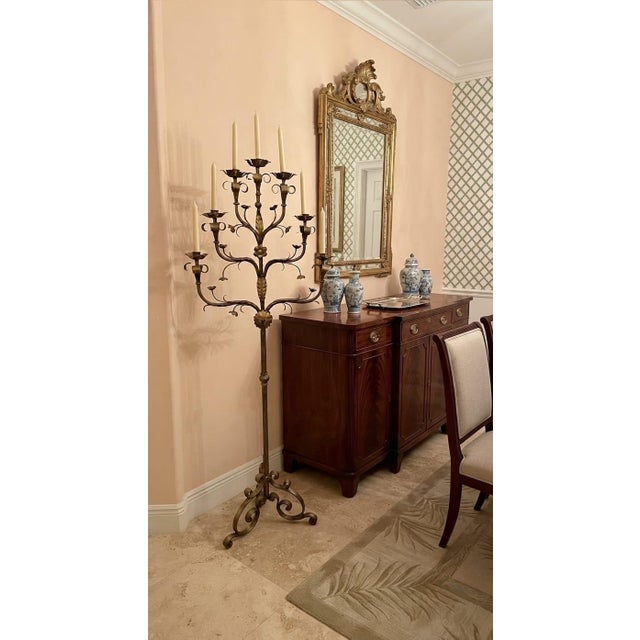 Brass Vintage Florentine Style Gilt Wrought Iron Floor Candelabra For Sale - Image 8 of 12