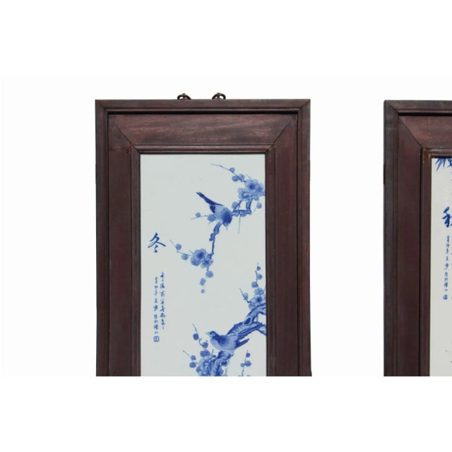 This is a four pieces porcelain painting wall decorative panel set. The blue and white part is made of porcelain and the...