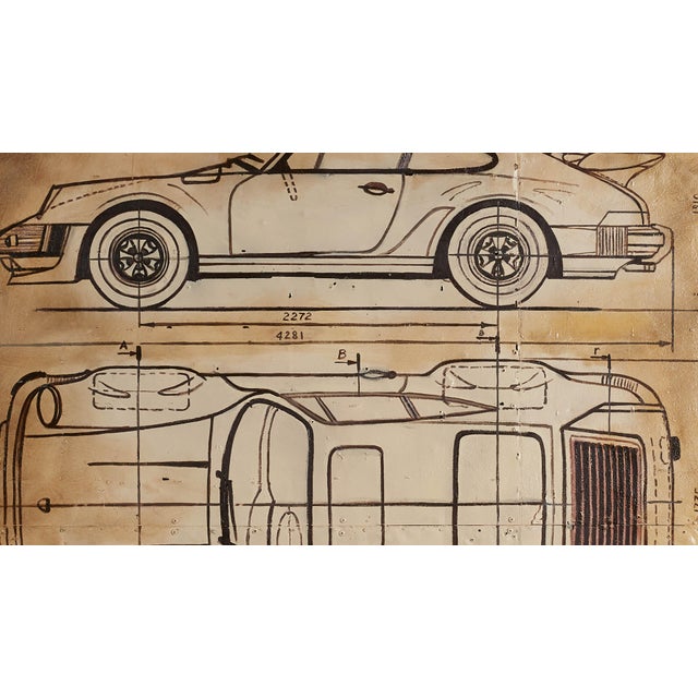 Metal Plan Porsche I Collective Bap Vietnam Art Sepia Charcoal Linework 911 Turbo For Sale - Image 7 of 9