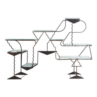 Post Modern Iron Shelf Unit With Extendable Corner Shelf and Small Rolling Cart For Sale