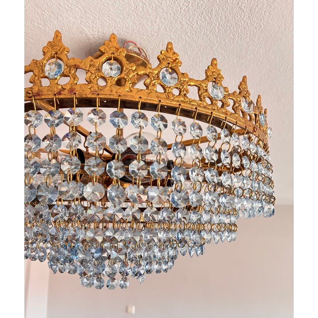 1960s Vintage French Crown Style Flush Mount Brass Chandelier With Soft Blue Crystals⁠ For Sale - Image 17 of 17