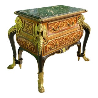 Mid 20th Century French Louis Xiv Style Walnut Marble Top Bombe Commode With Fire Gilded Accents For Sale