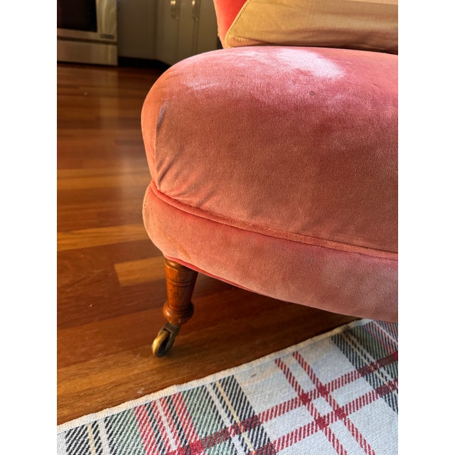 Vintage Pink Velvet Slipper Chair Features a Rounded Back and Mahogany Legs With Casters, Similar Style to French Louis XVI Accent Seating For Sale In Portland, OR - Image 6 of 6