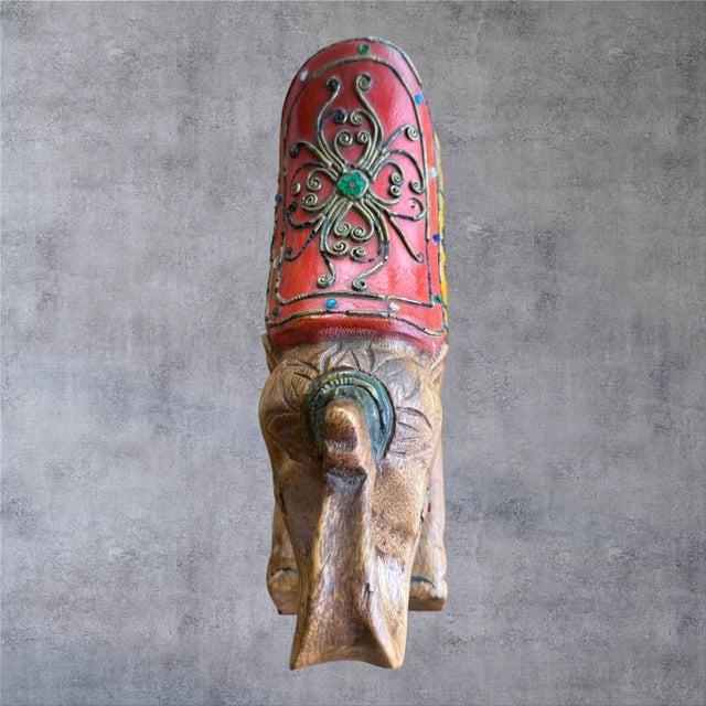 1990s Vintage Hand Carved Wood Rocking Elephant Statue Decorated Folk Art 10" For Sale - Image 5 of 9