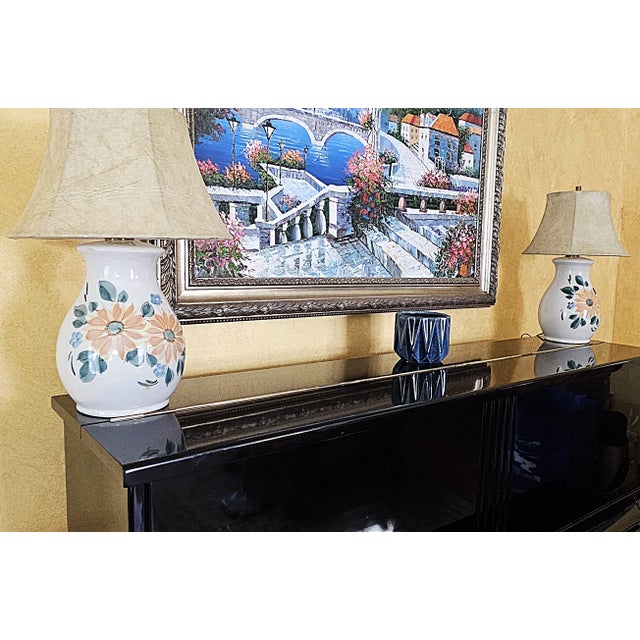 Contemporary Hand‑Painted Floral Ceramic Lamps W/ Faux Leather Shades – Pair For Sale - Image 15 of 18