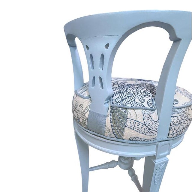 Sky Blue Vintage Vanity Stool in Benjamin Moore Soft Sky Blue With Cowtan & Tout Upholstery For Sale - Image 8 of 12
