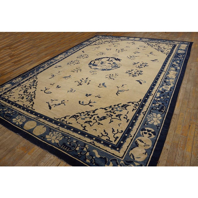 Chinese A Beige Field Adorned With Blue Floral Sprays and Central Medallion Antique Chinese Peking Rugug For Sale - Image 3 of 12