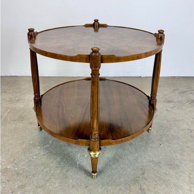 French Vintage Baker Furniture French Regency Louis XVI Style Burled Walnut & Brass Two-Tier Round Side Table For Sale - Image 3 of 12