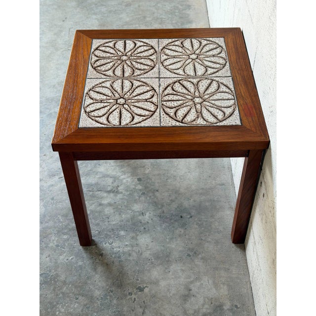 Teak Floral Ceramic Tile Top Side End Table Danish Mid-Century Modern 1970s For Sale - Image 4 of 9