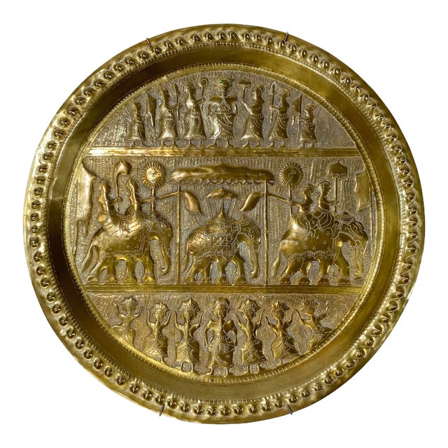 Vintage Egyptian Style Brass Tray With Elephant Caravan Motif For Sale