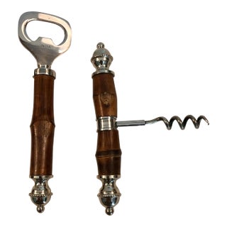 1970s Bamboo Corkscrew and Bottle Opener Barware Set - 2 pcs For Sale