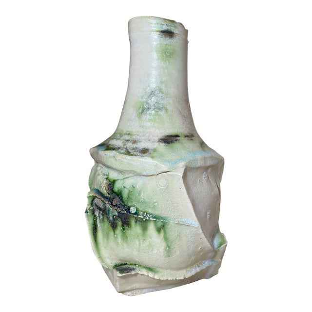 Vintage Handmade Studio Green White Brutalist Signed Art Pottery Vase Sculpture For Sale